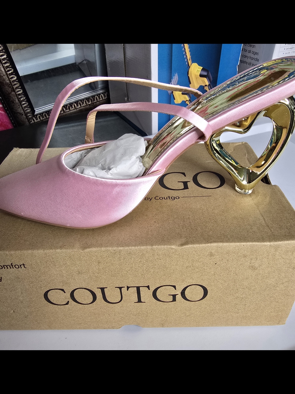 Coutgo Pink Satin Slingback Heels with Gold Heart Heel